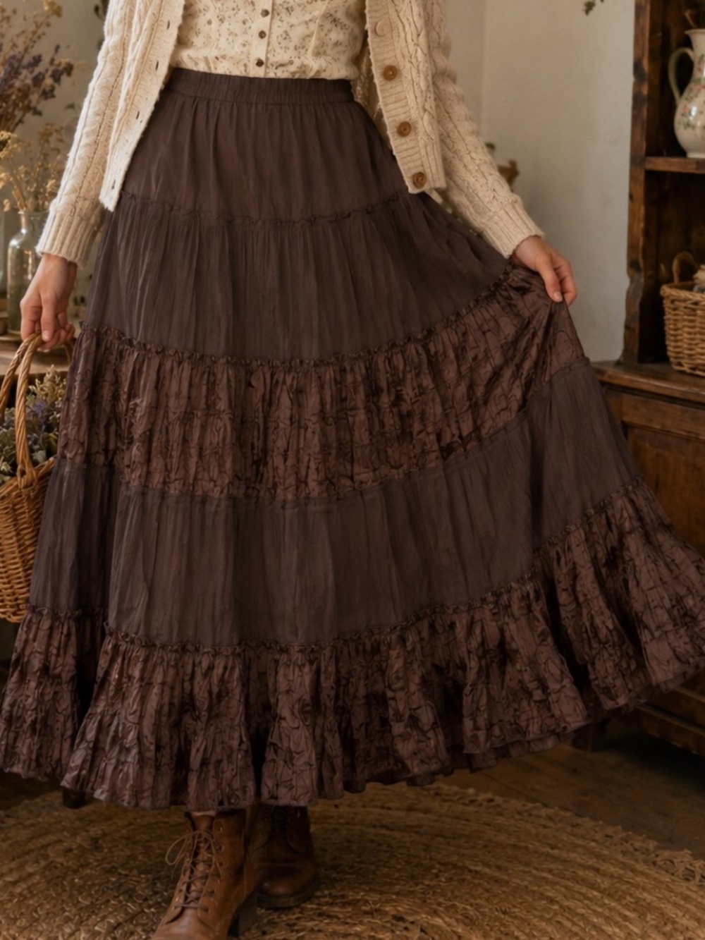 Tradition Midi Skirt Womens Size 14 Chocolate Brown Boho Poetcore Gypsy